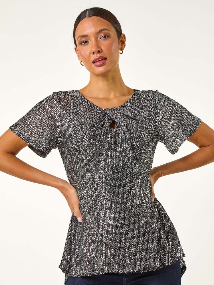 Roman Metallic Shimmer Sequin Twist Detailed Top - Image 6 of 6