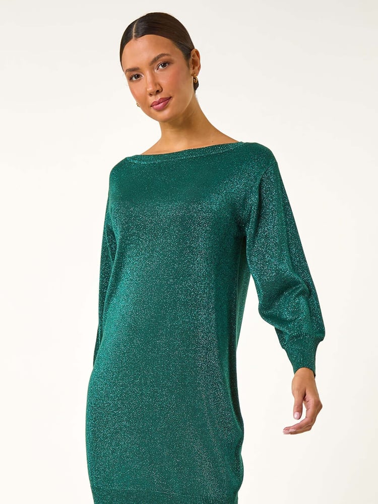 Roman Green Shimmer Slash Neck Jumper Dress - Image 2 of 5