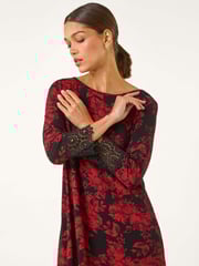 Roman Red Floral Print Lace Trim Stretch Top - Image 1 of 5