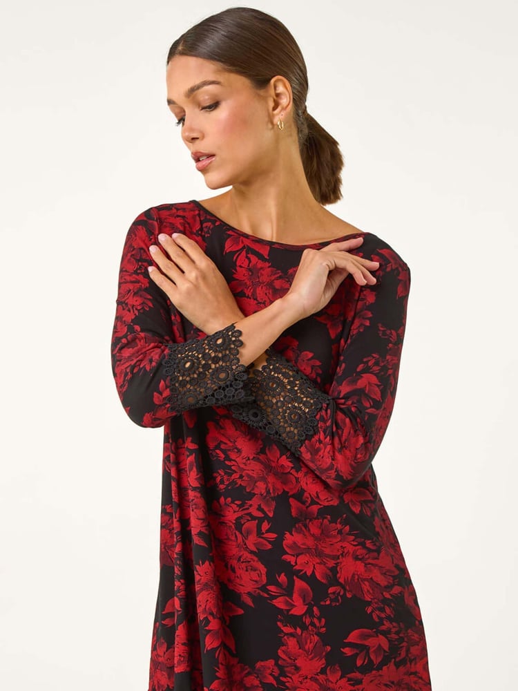 Roman Red Floral Print Lace Trim Stretch Top - Image 1 of 5
