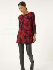 Roman Red Floral Print Lace Trim Stretch Top - Image 2 of 5
