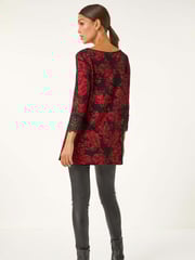 Roman Red Floral Print Lace Trim Stretch Top - Image 3 of 5