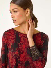 Roman Red Floral Print Lace Trim Stretch Top - Image 4 of 5