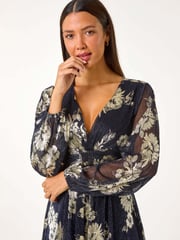 Roman Metallic Foil Print Twist Front V-Neck Plisse Dress - Image 4 of 6