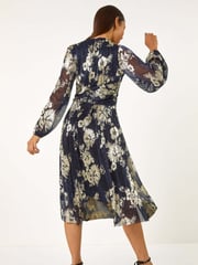 Roman Metallic Foil Print Twist Front V-Neck Plisse Dress - Image 5 of 6