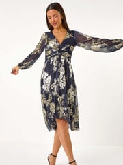 Roman Metallic Foil Print Twist Front V-Neck Plisse Dress - Image 6 of 6