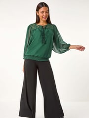 Roman Green Embroidered Lace Shirred Hem Top - Image 1 of 6