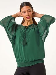 Roman Green Embroidered Lace Shirred Hem Top - Image 3 of 6