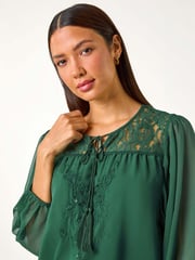 Roman Green Embroidered Lace Shirred Hem Top - Image 5 of 6