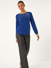 Roman Blue Sunray Embellished Crew Neck Knit Jumper - Image 1 of 5