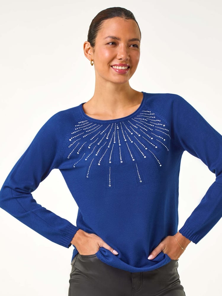 Roman Blue Sunray Embellished Crew Neck Knit Jumper - Image 2 of 5