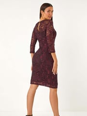 Roman Red Sequin Lace Overlay Ruched Dress - Image 3 of 5