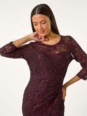 Roman Red Sequin Lace Overlay Ruched Dress - Image 4 of 5