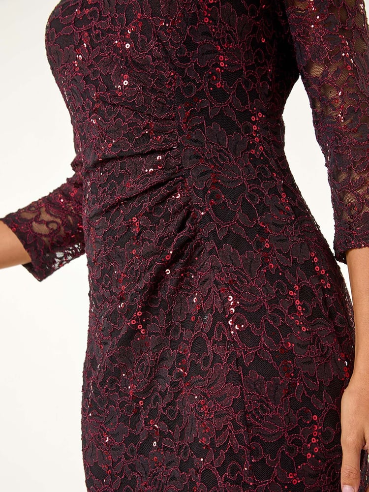 Roman Red Sequin Lace Overlay Ruched Dress - Image 5 of 5