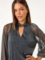 Roman Black Twist Neck Glitter Mesh Top - Image 4 of 5