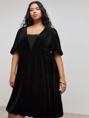 Simply Be Black Velour Puffball Skater Dress - Image 1 of 4