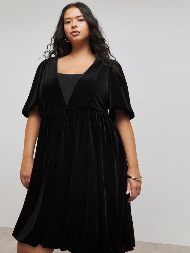 Simply Be Black Velour Puffball Skater Dress - Image 1 of 4