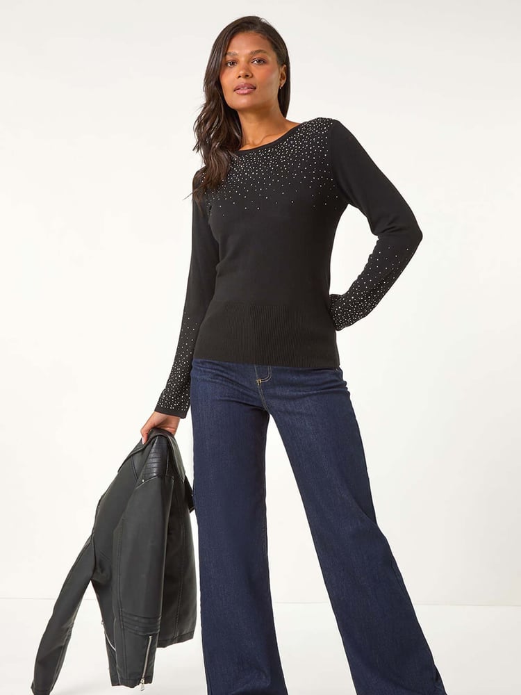 Roman Black Hotfix Embellished Sleeve Knit Jumper - Image 1 of 6