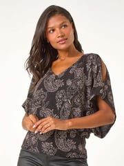 Roman Pink Glitter Print Banded Hem Stretch Top - Image 1 of 5