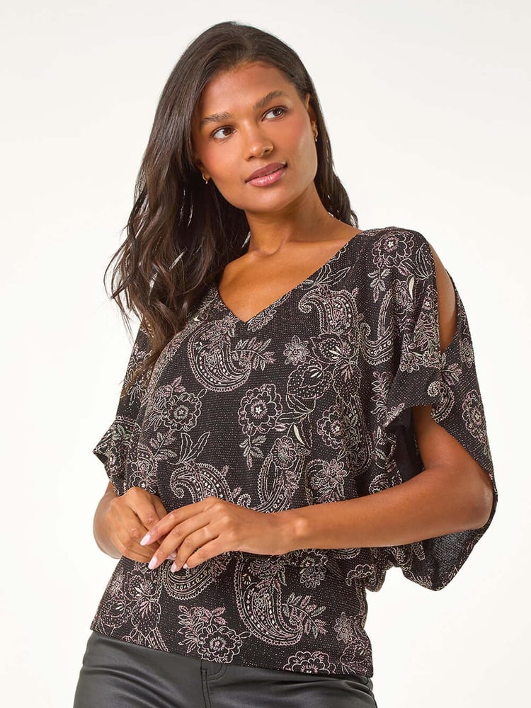 Roman Pink Glitter Print Banded Hem Stretch Top - Image 1 of 5