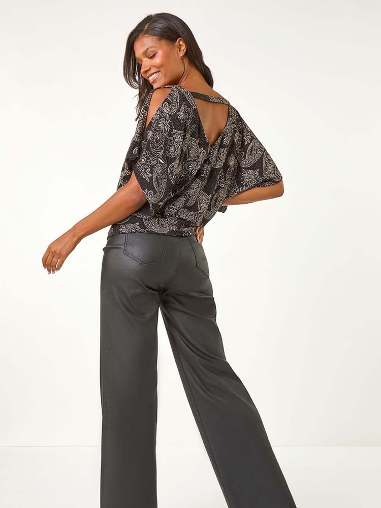 Roman Pink Glitter Print Banded Hem Stretch Top - Image 2 of 5