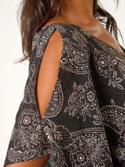 Roman Pink Glitter Print Banded Hem Stretch Top - Image 5 of 5