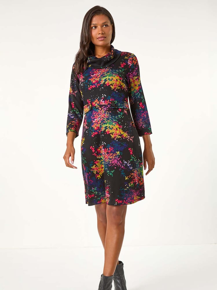 Roman Black Abstract Print Ponte Tab Detail Dress - Image 1 of 5