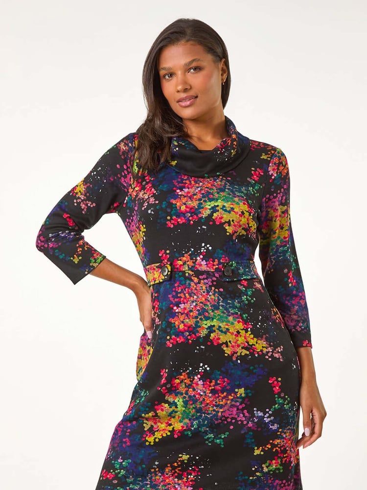 Roman Black Abstract Print Ponte Tab Detail Dress - Image 2 of 5