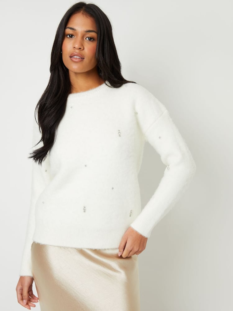 Threadbare White Diamante Embellished Brushed Knitted Jumper - Image 1 of 5