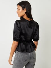 Threadbare Black Leopard Print Puff Sleeve Satin Smock Blouse - Image 2 of 3