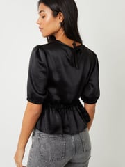 Threadbare Black Leopard Print Puff Sleeve Satin Smock Blouse - Image 3 of 3
