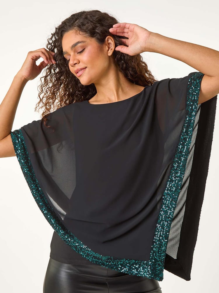 Roman Green Sequin Hem Overlay Stretch Top - Image 1 of 6