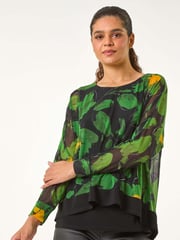 Roman Green Floral Mesh Overlay Stretch Top - Image 3 of 6