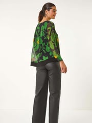 Roman Green Floral Mesh Overlay Stretch Top - Image 4 of 6
