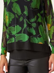 Roman Green Floral Mesh Overlay Stretch Top - Image 6 of 6