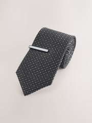 Grey Wide Silk Tie With Tie Clip - Image 1 of 3