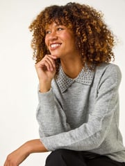 Roman Grey Faux Pearl Collar Jumper - Image 1 of 5