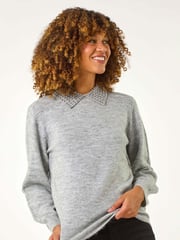 Roman Grey Faux Pearl Collar Jumper - Image 4 of 5