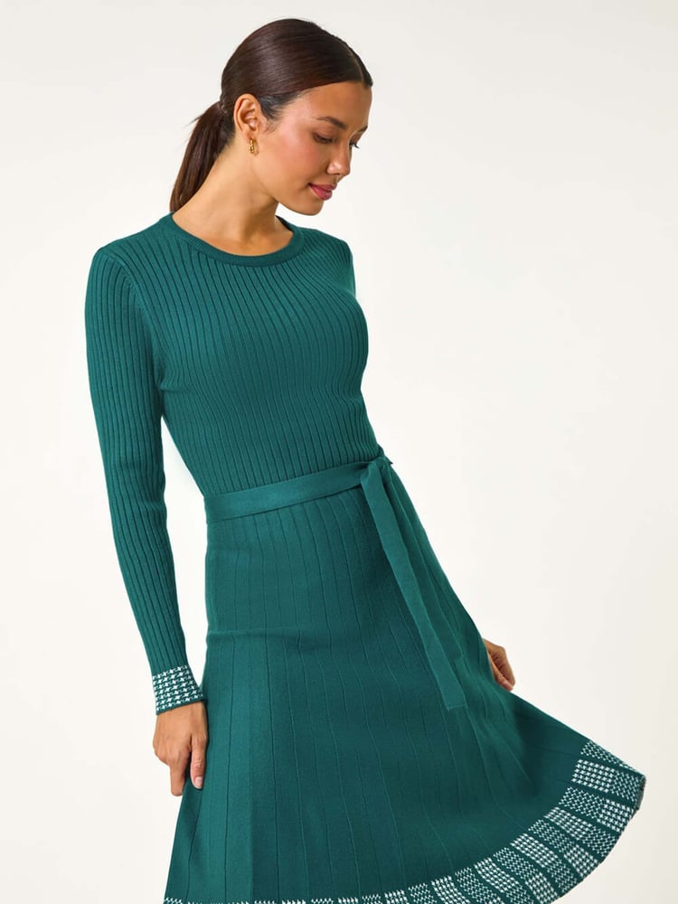 Roman Green Ribbed Stretch Knit Border Print Dress - Image 1 of 5