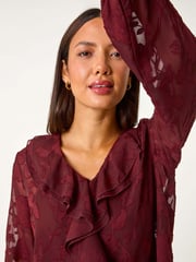 Roman Red Floral Print Ruffle Burnout Top - Image 1 of 5