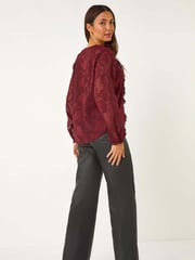Roman Red Floral Print Ruffle Burnout Top - Image 3 of 5