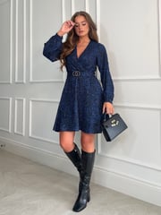 Girl In Mind Blue Tammy Long Sleeve Skater Mini Dress - Image 1 of 6