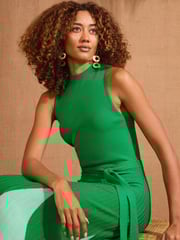 Love & Roses Green Halter Neck Tie Waist Midi Dress - Image 2 of 4