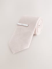 Neutral Herringbone Tie with Mother of Pearl Tie Clip - Image 1 of 3