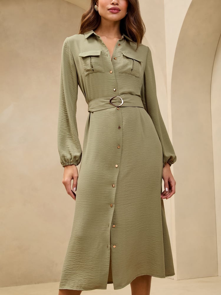 Lipsy Khaki Green Midi Long Sleeve Button Through Shirt Dress - Image 2 of 4
