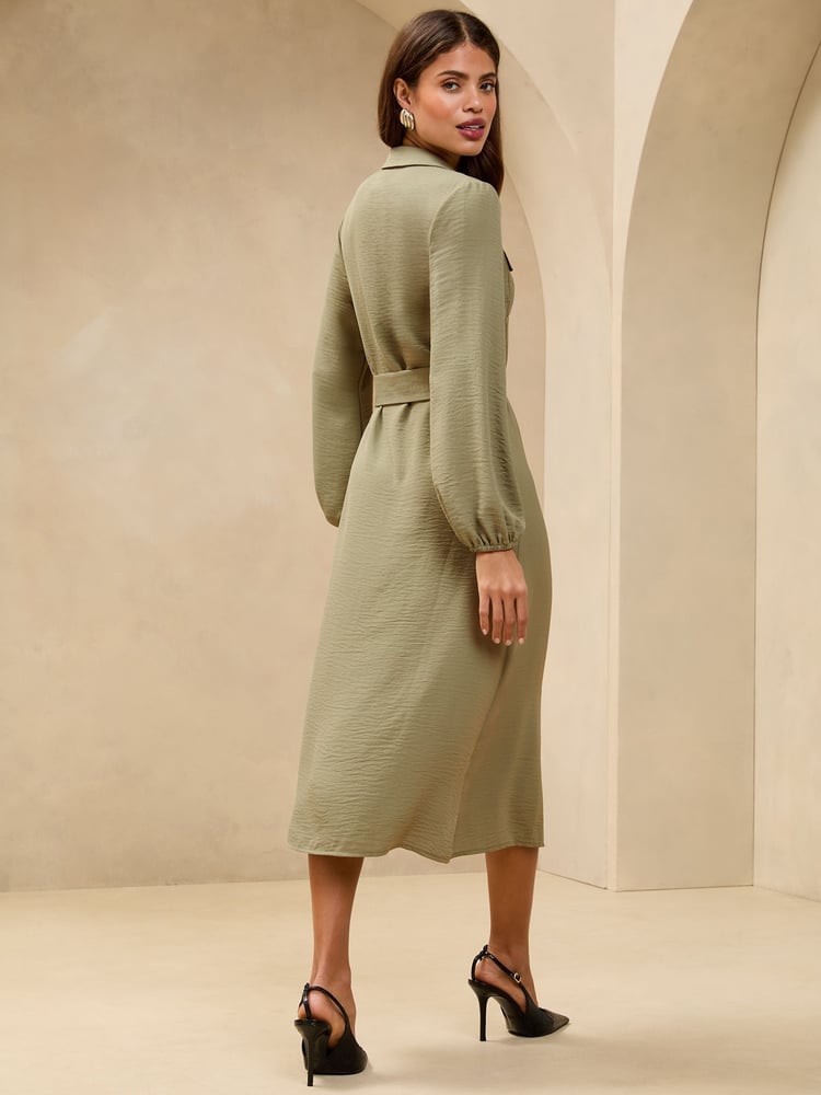 Lipsy Khaki Green Midi Long Sleeve Button Through Shirt Dress - Image 4 of 4