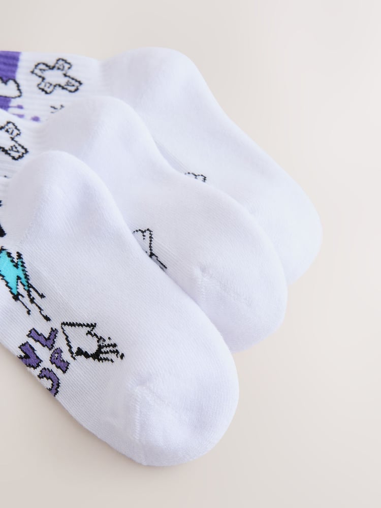 Black/White Graffitti Cushioned Footbed Rich Ribbed Tipped Socks 3 Pack - Image 2 of 3