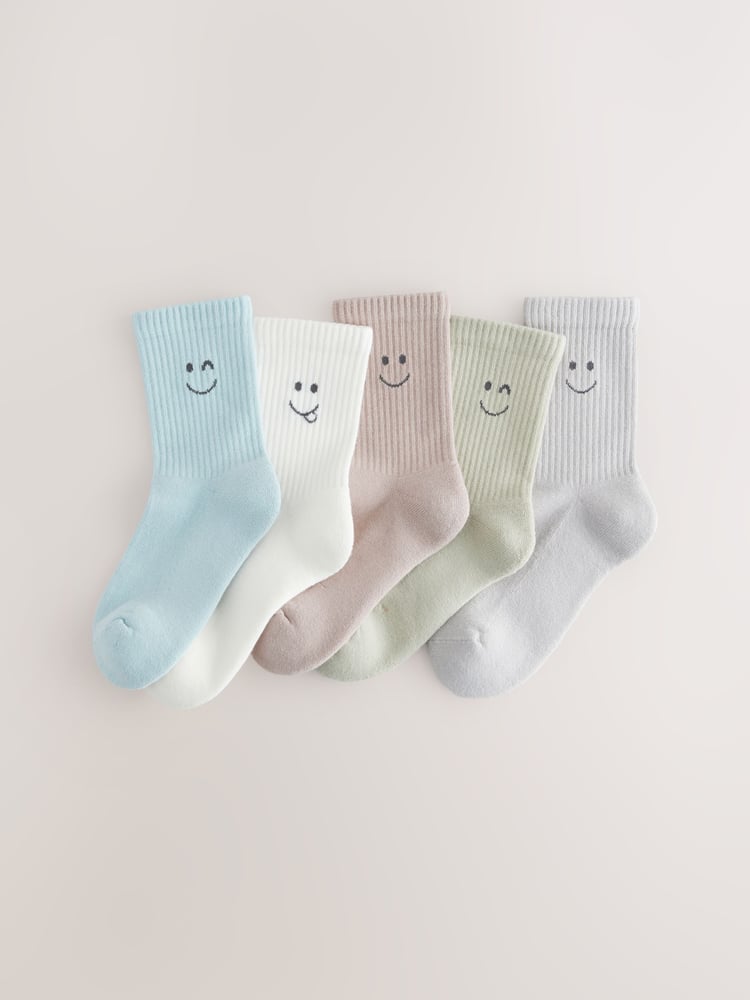 Muted Blue/Sage/Tan Happy Ribbed Socks 5 Pack - Image 1 of 3