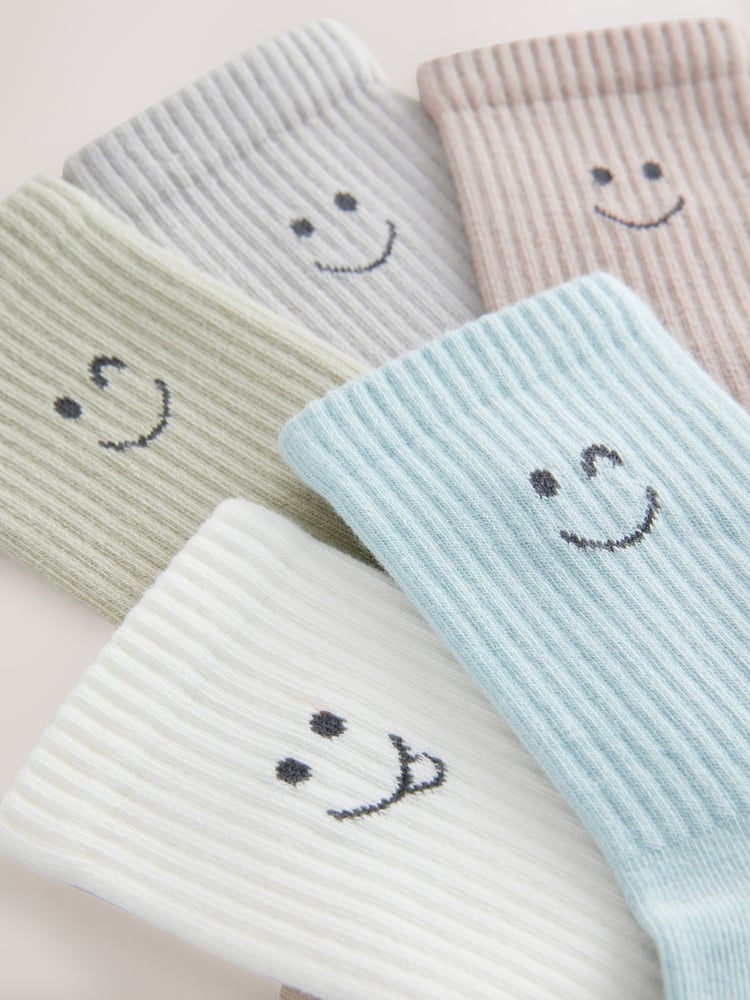 Muted Blue/Sage/Tan Happy Ribbed Socks 5 Pack - Image 2 of 3