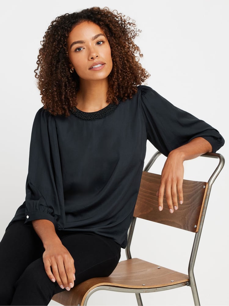 M&Co Black Bead Neckline Blouse - Image 1 of 5 M&Co Black Bead Neckline Blouse - Image 1 of 5